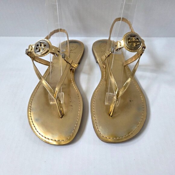 Tory Burch Ali Sandals Womens 8.5 Metallic Gold Leather Ankle Strap Thongs - Picture 1 of 10